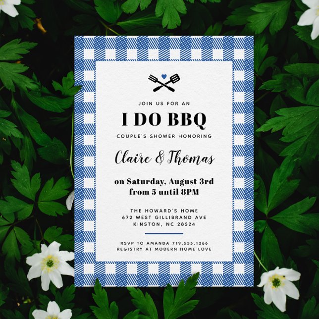 Xadrez Picnic Azul, eu faço o convite para o CHURR (Blue and white sweet country gingham plaid I Do BBQ wedding party invitation )