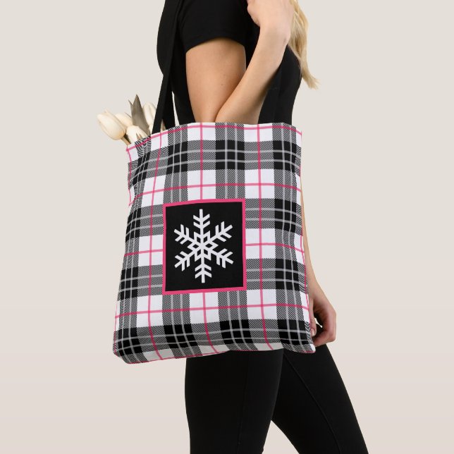 Xadrez Preta, Branca, Rosa com Snowflake Tote Bag (Close Up)