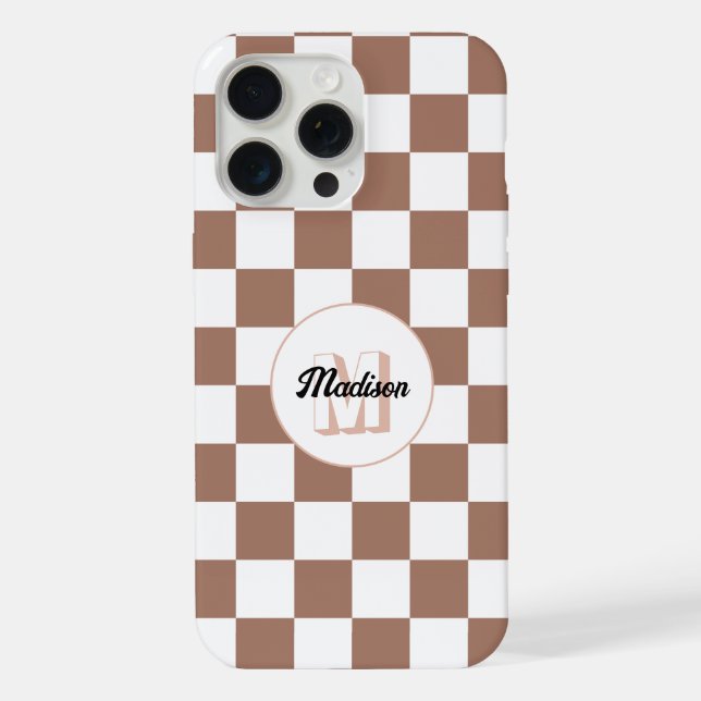 Xadrez quadrados marrom mocha branco retro Monogra (Verso)