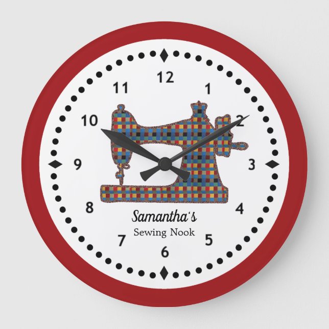Xadrez Tapeçaria Sewing Machado Grande Relógio (Frente)