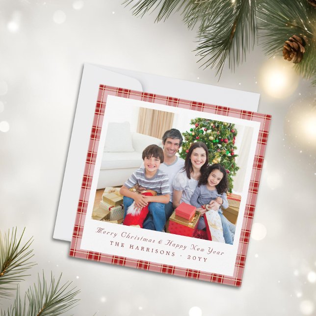 Xadrez Vermelha Elegante Cartões de foto de Natal  (Elegant Red Plaid Square Christmas Photo Card )