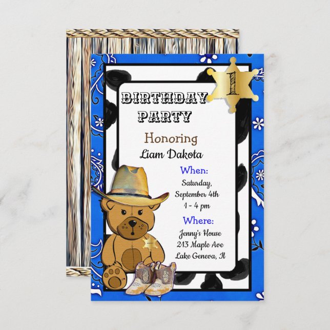 Xerife Teddy Bear Cowboy Convite Aniversário (Frente/Verso)