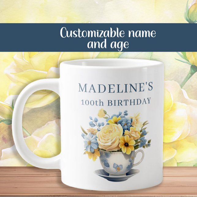 Xícara Azul Empoeirada Flores Amarelas  (Dusty blue teacup and yellow floral 100th birthday party mug)
