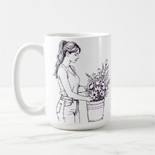 Xícara de Café com Arte de Linha Botânica para Ama