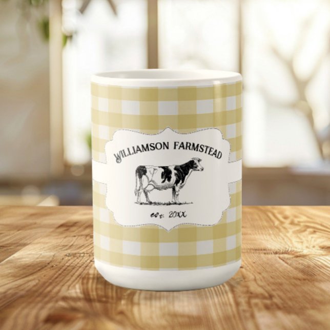 Xícara de café de Xadrez de búfalo amarela (Yellow Buffalo Plaid Farm Cow Coffee Mug)