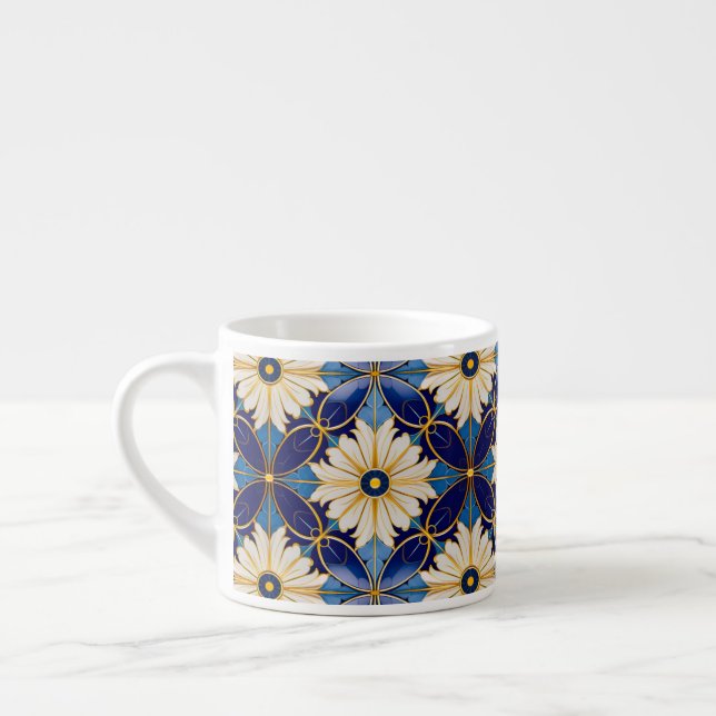 Xícara De Espresso Art Deco White Petals Padrão Floral Dourado Azul (Esquerda)