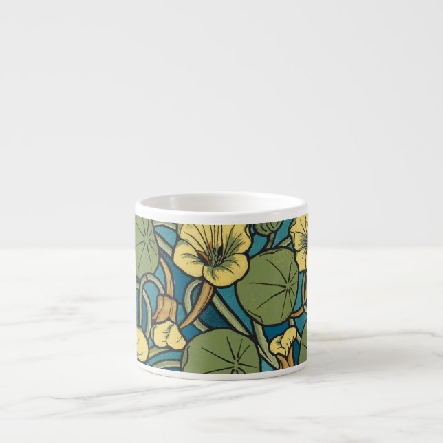 Xícara De Espresso Art Nouveau Nasturtium Azul Dourado floral Verneui (Frente)