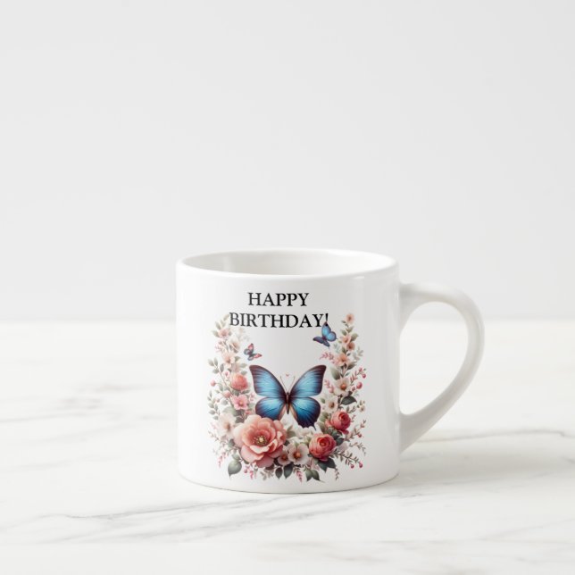 Xícara De Espresso Arte Floral de Borboleta Azul Personalizável-96279 (Direita)