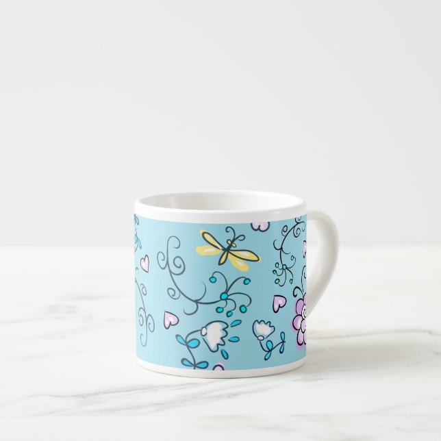 Xícara De Espresso Belo Aqua Legal Gota-Gota Retro Floral (Frente Esquerda)