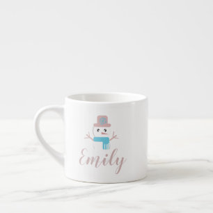Xícara De Espresso Boneco de Neve de Natal Rosa Pastel Nome