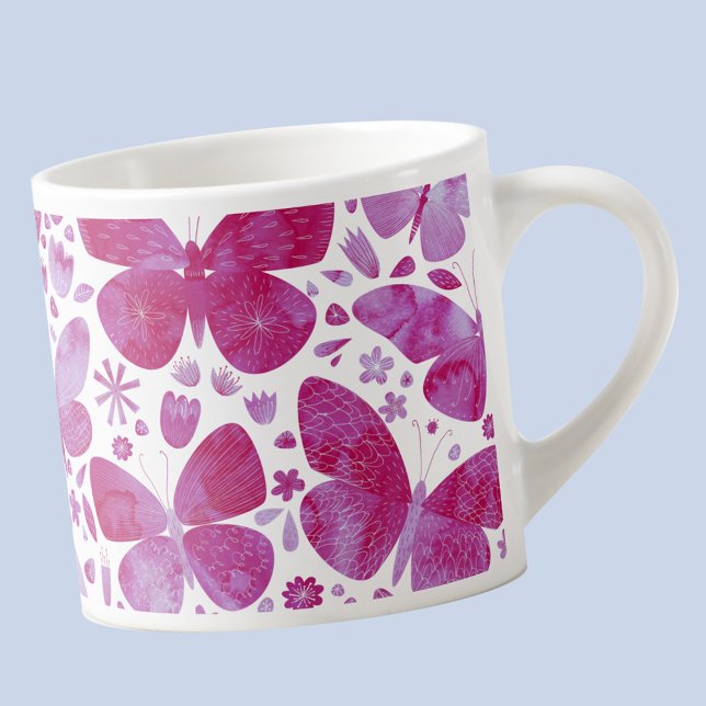 Xícara De Espresso Borboleta Aquarela Rosa (Hot magenta pink and white watercolor butterfly pattern  espresso cup)
