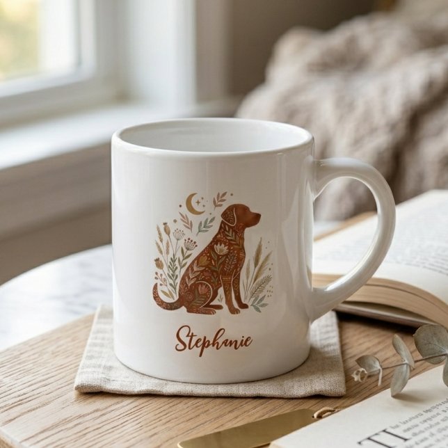 Xícara De Espresso Cachorro Gráfico Celestial Floral Boho (Boho floral dog silhouette mug — unique holiday gift idea for the dog mom or animal lover.)