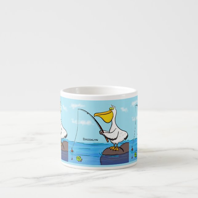 Xícara De Espresso Cartoon pelicano de pesca engraçado (Frente)