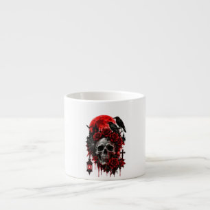 Xícara De Espresso Caveira de Corvo Gótica Escura com Rosas Carmesim