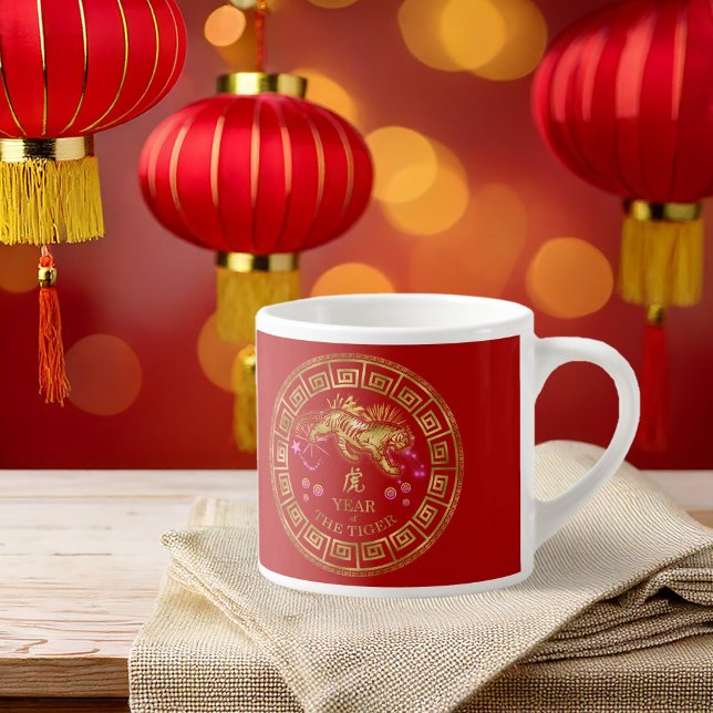 Xícara De Espresso Chinês Zodiac Tiger Red/Dourado ID542 (Criador carregado)