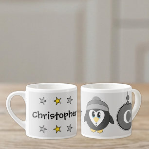 Xícara De Espresso cinza de pinguim bonito amarelo com estrelas crian