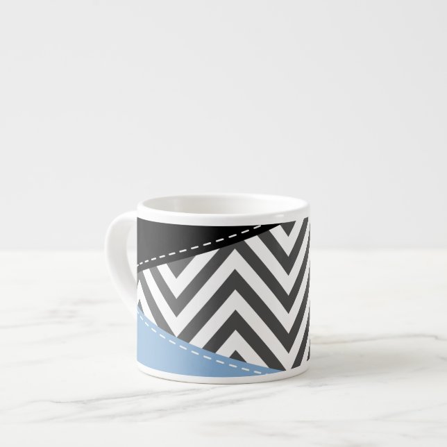 Xícara De Espresso Cinza Zigzag, Cinza Chevron, Zigzag Patterno, Azul (Frente Esquerda)
