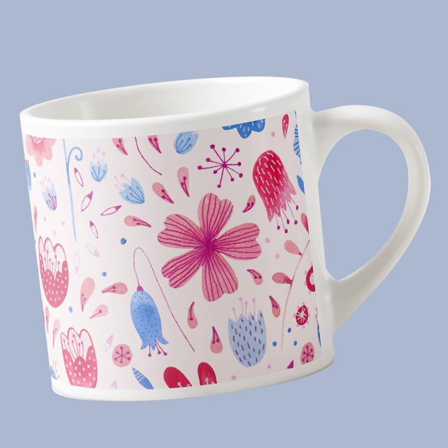 Xícara De Espresso Cor Floral Moderna Cor Rosa Azul (Pink and blue modern floral  espresso cup)