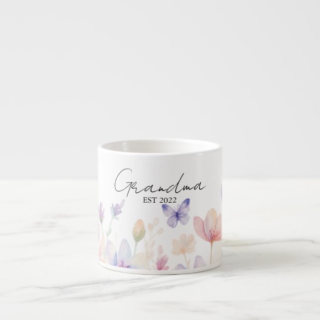 Xícara De Espresso Custom Grandma Est. Year -  Flower and Butterfly  (Frente)