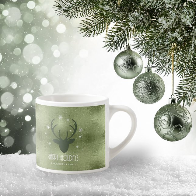 Xícara De Espresso Deer Antlers Silhouette & Snowflakes Green ID861 (Criador carregado)