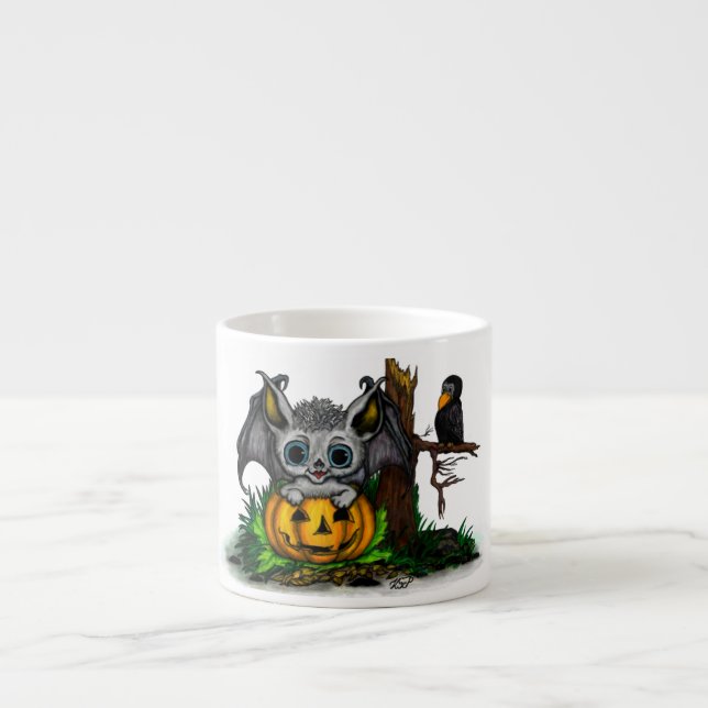 Xícara De Espresso Esperando o Halloween, Cute Bat e Raven (Frente)