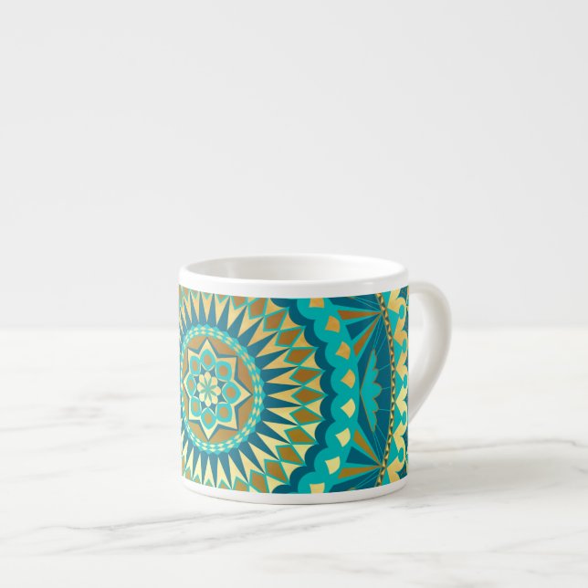 Xícara De Espresso Fantasia de Mandala Dourada Azul (Frente Esquerda)