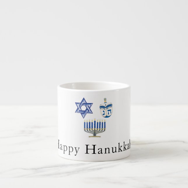 Xícara De Espresso Feliz Hanukkah Azul e Branco (Frente)