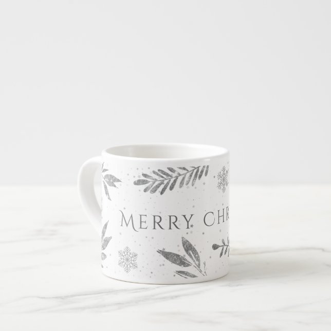 Xícara De Espresso Feliz Natal Prateado, Folhas Prateadas (Frente Esquerda)