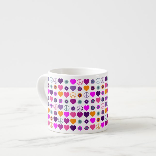 Xícara De Espresso Flor Power Heart Peace Pattern + seu backgr. (Frente Esquerda)