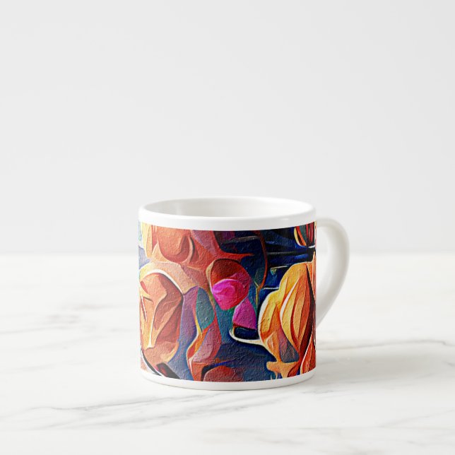 Xícara De Espresso Floral Abstrato Art Laranja Vermelho Azul Flores (Frente Esquerda)