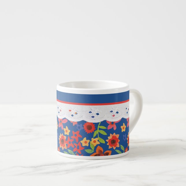 Xícara De Espresso Floral Retro Personalizado, Faux Lace Espresso Mug (Frente Esquerda)