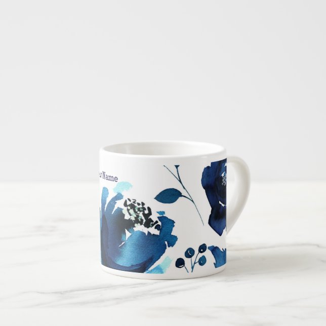 Xícara De Espresso Flores de Aquarela Floral Azul Elegante Personaliz (Frente Esquerda)