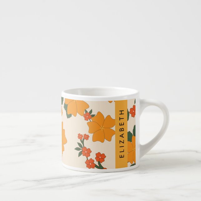 Xícara De Espresso Flores Laranja, Padrão De Flores, Seu Nome (Direita)