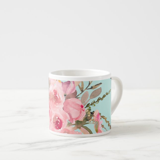 Xícara De Espresso Flores Rosa Esmagadas no Azul Claro (Frente Esquerda)
