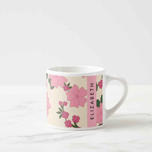 Xícara De Espresso Flores Rosa, Padrão De Flores, Seu Nome (Direita)