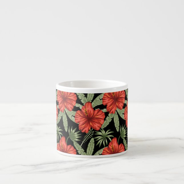 Xícara De Espresso Flores tropicais vermelhas Folhas verdes (Frente)