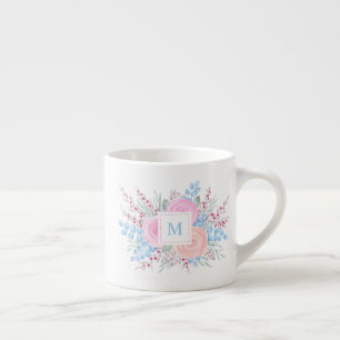 Xícara De Espresso Folhas do azul dos rosas do rosa do buquê da