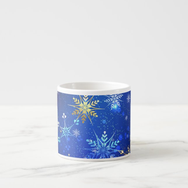 Xícara De Espresso Fundo Azul XMAS com Flocos de Neve Ouro (Frente)
