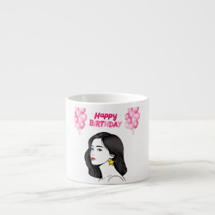 Xícara De Espresso Garota Chic Aniversário Feliz Balões Rosa Co