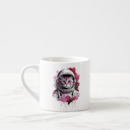 Xícara De Espresso Gato Astronauta Vermelho em Aquarela