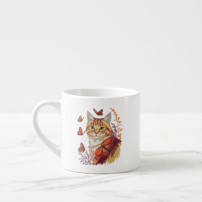 Xícara De Espresso Gato com Borboletas Monarcas (Esquerda)