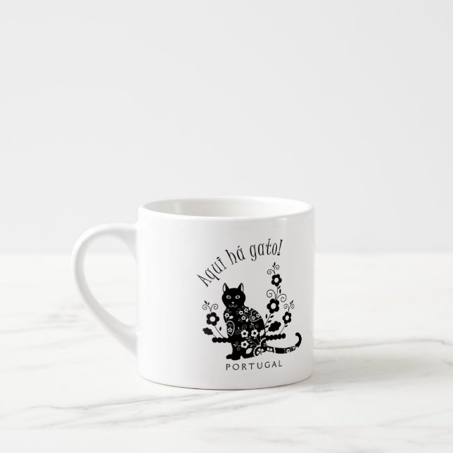 Xícara De Espresso Gato preto com flores e expressão portuguesa (Esquerda)