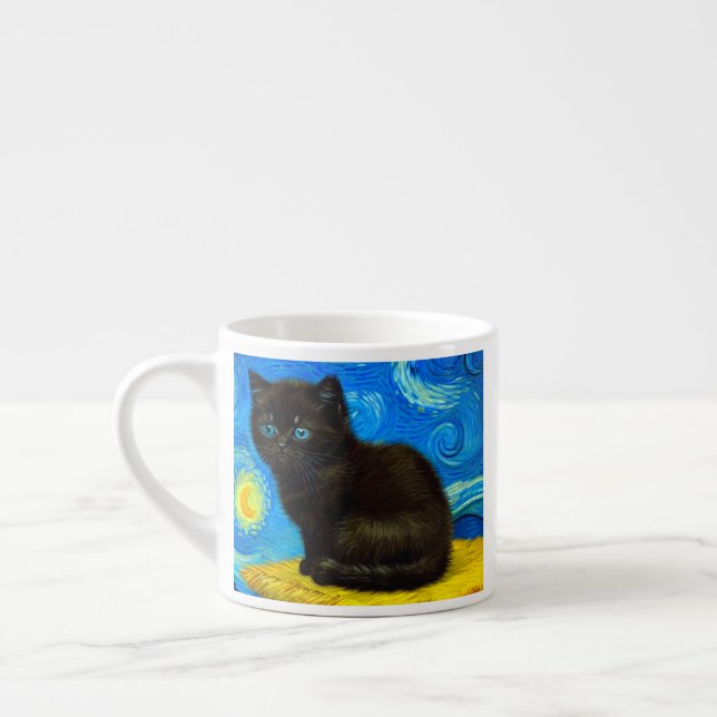 Xícara De Espresso Gogh Style Starry Night Cat (Esquerda)