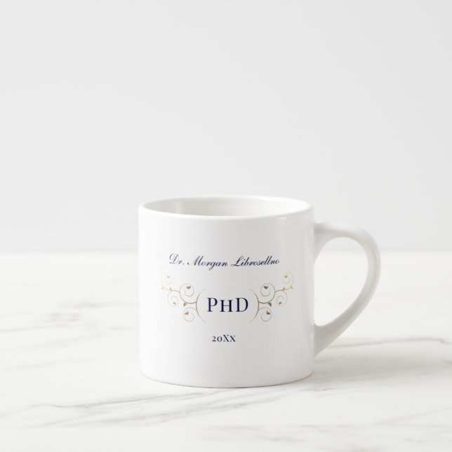 Xícara De Espresso Graduação Dourada Azul PhD Elegante (Direita)