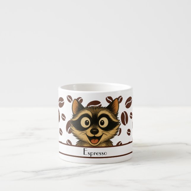 Xícara De Espresso Guaxinim Fofo Com Fundo de Grão de Café (Frente)
