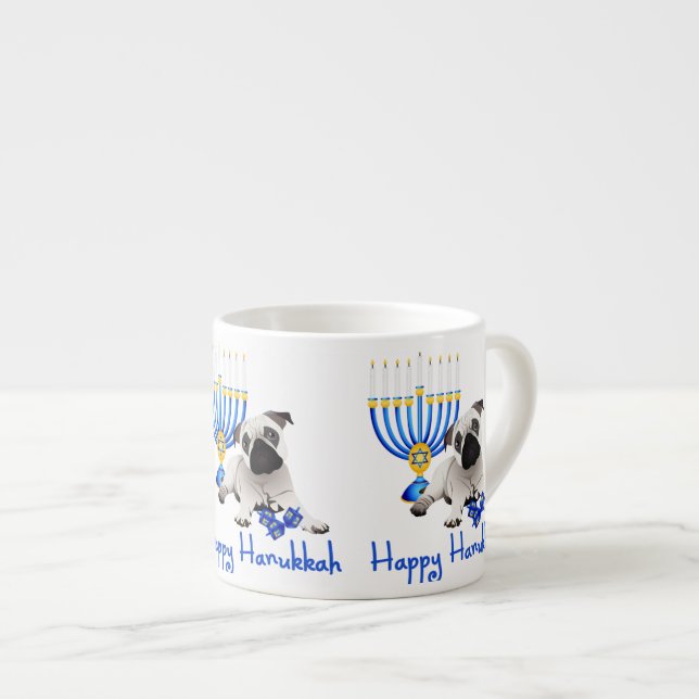 Xícara De Espresso Hanukkah Pug com Menorah e Dreidels (Frente Esquerda)