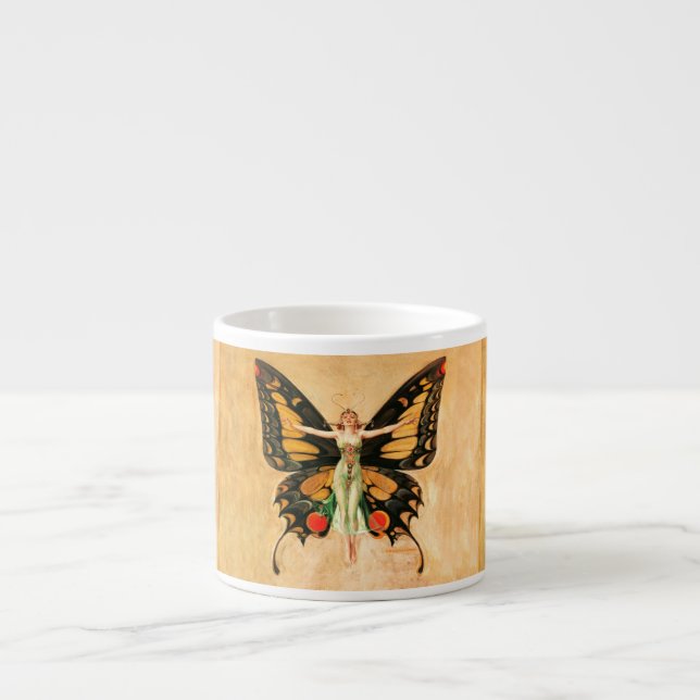 Xícara De Espresso Ilustração da Mulher Voando Borboleta Flapper (Frente)