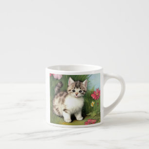 Xícara De Espresso Ilustração de Gato Vintage com Flores Vermelhas