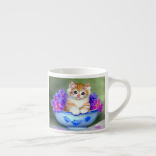 Xícara De Espresso Ilustração Vintage Laranja e White Kitten