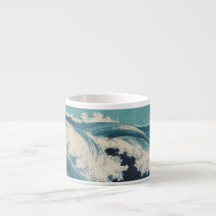 Xícara De Espresso Impressão Antiga de Ondas do Oceano Azul em Xilogr